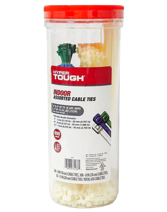 Hyper Tough 4"/8"/11" Cable Ties, Pack of 2 tubes (x 650 count)